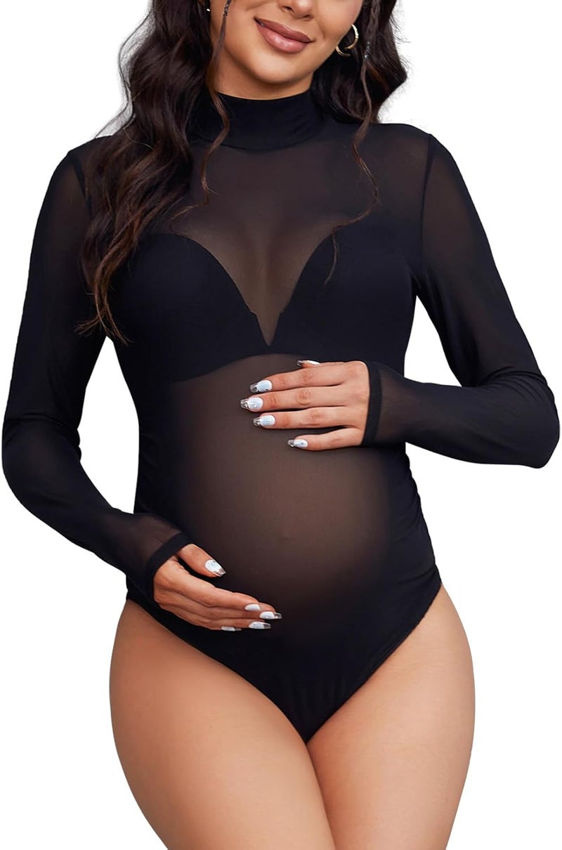 Bhome Mock Neck Maternity Bodysuit for Photoshoot Sheer Mesh Maternity Photography Outfits - Image 1